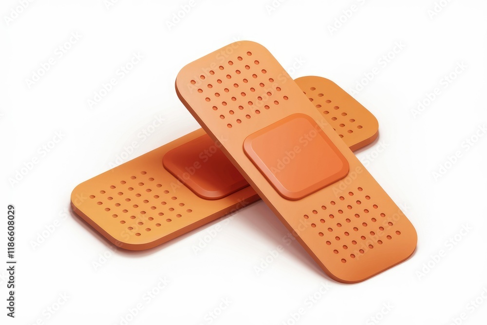 Two orange adhesive bandages, overlapping, ready for first aid. Two orange adhesive bandages, overlapping, ready for first aid.