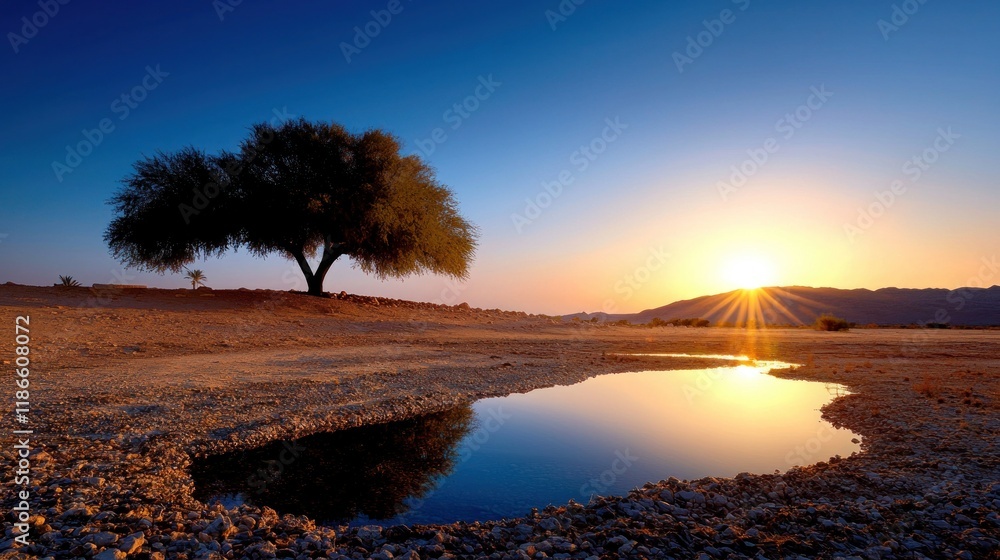 Obraz premium Serene Sunset Landscape with Tree and Reflection in Still Water Body