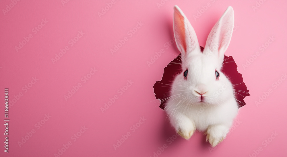 Cute Easter bunny peeking through a hole in paper against a pink background with copy space Cute Easter bunny peeking through a hole in paper against a pink background with copy space