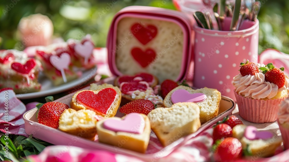 Fototapeta premium Valentine’s lunchbox ideas featuring sandwiches cut into heart shapes, strawberries, and love-themed cupcakes, styled for a children’s picnic