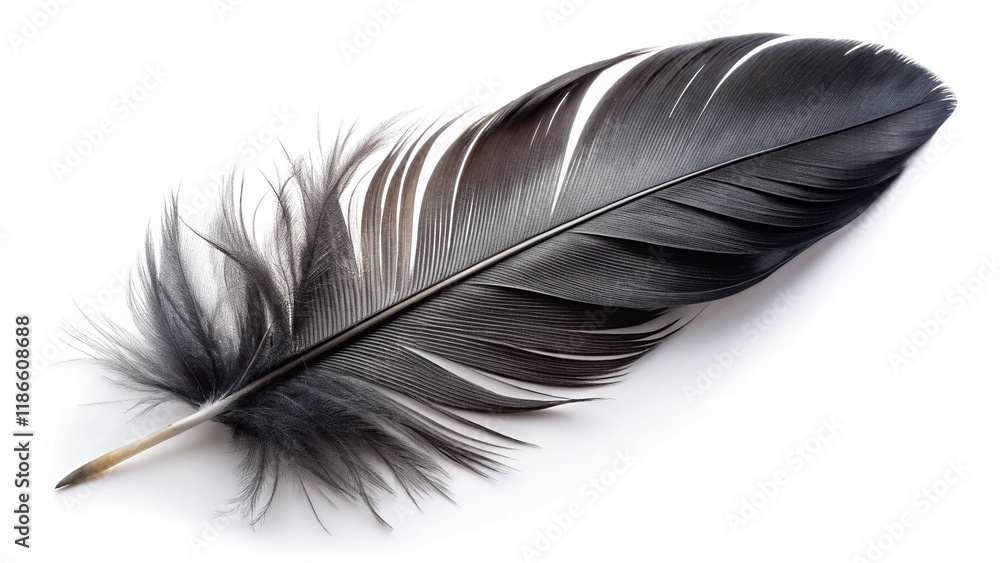 Single Black Feather on White, Isolated Macro Shot - Nature Texture Background Single Black Feather on White, Isolated Macro Shot - Nature Texture Background