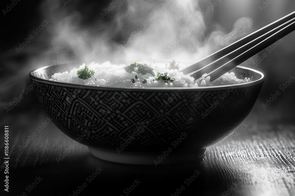 traditional asian white rice bowl with rising steam and chopsticks on dark wood table with ambient lighting traditional asian white rice bowl with rising steam and chopsticks on dark wood table with ambient lighting