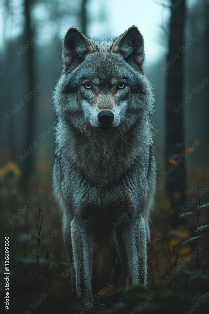Gray wolf standing, forest background, intense gaze. Gray wolf standing, forest background, intense gaze.