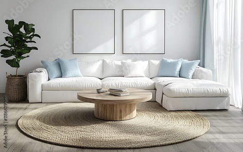 Coastal living room design; white sofa, round rug, wooden coffee table. Home decor inspiration photo