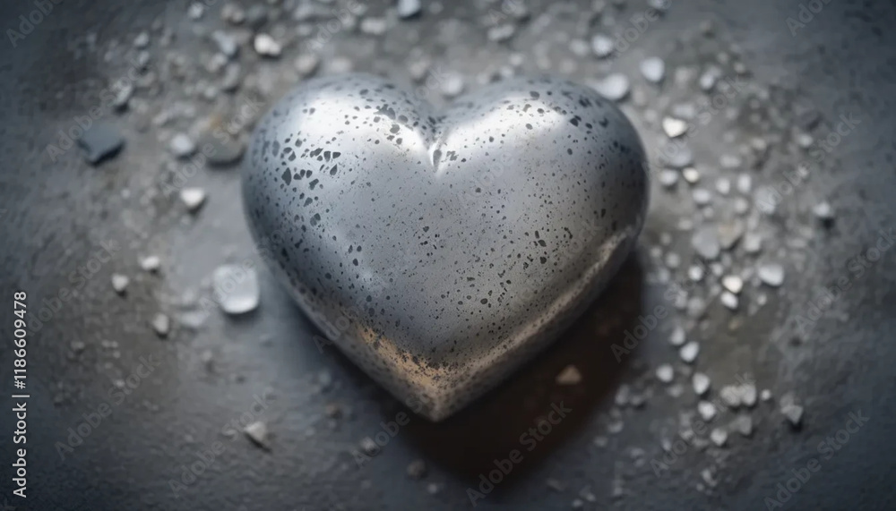 Fototapeta premium Silver heart-shaped stone on concrete surface.