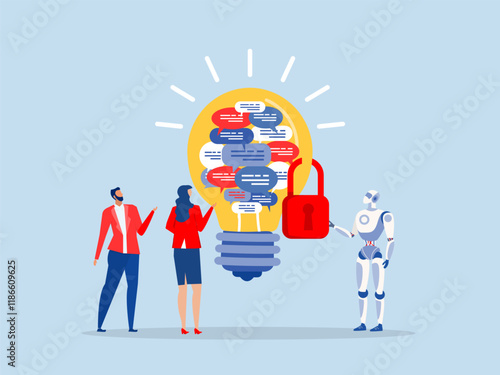 copyright idea,businesspeople owner standing with light bulb idea locked with padlock for patents.patented protection, copyright reserved Intellectual property vector illustrator