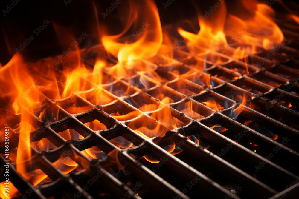 Grilled grid with charcoal is burning Grilled grid with charcoal is burning