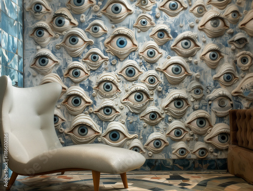 interior with creepy horror wallpaper with eyes