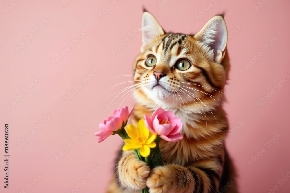 Obraz premium Sweet cat holds a small posy of fresh flowers, looking happy and content, love, bouquet