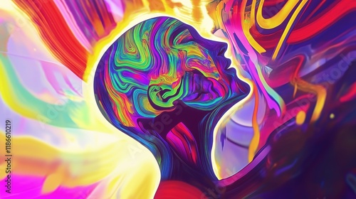 A Colorful Painting of a Mans Head With Colorful Swirls Around It - Generative AI photo