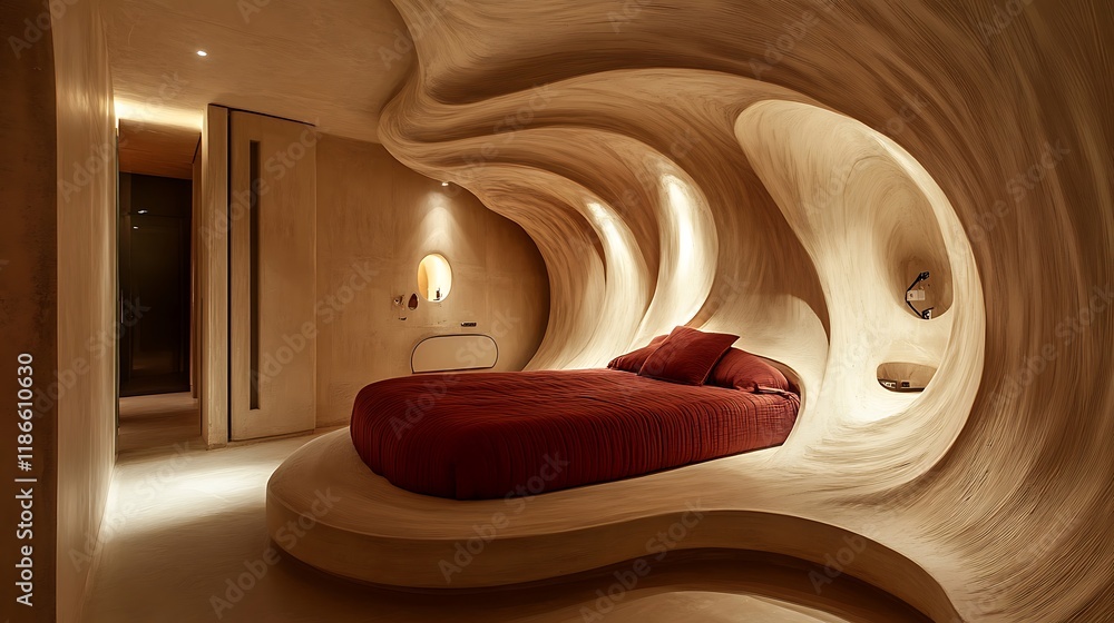 Obraz premium Unique bedroom with curved walls and a sculptural central bed 