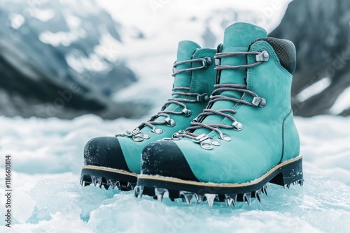 Durable turquoise hiking boots on icy glacier terrain in nature photo