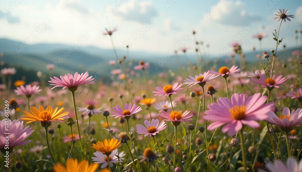 Vibrant Wildflowers in Meadow with Rolling Hills and Clear Sky Generative AI