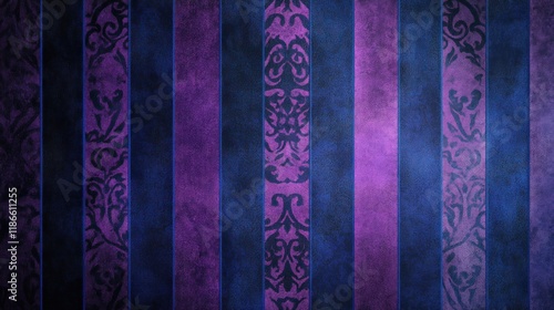 Vertical striped dark purple and blue damask pattern background texture.