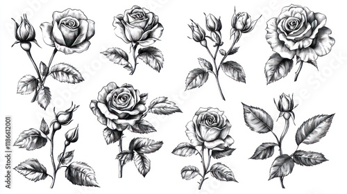 Close up of classic rose and leaf flower carving sketch set, tattoo design, Black and white image. Ai generated image