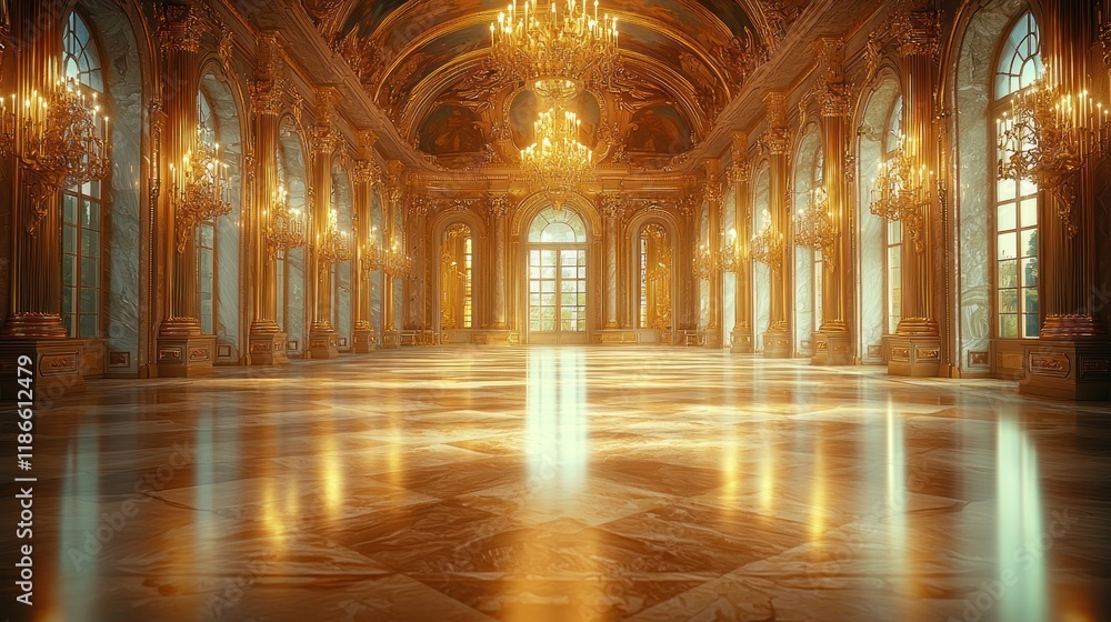 Fototapeta premium Grand, opulent ballroom with chandeliers and light.