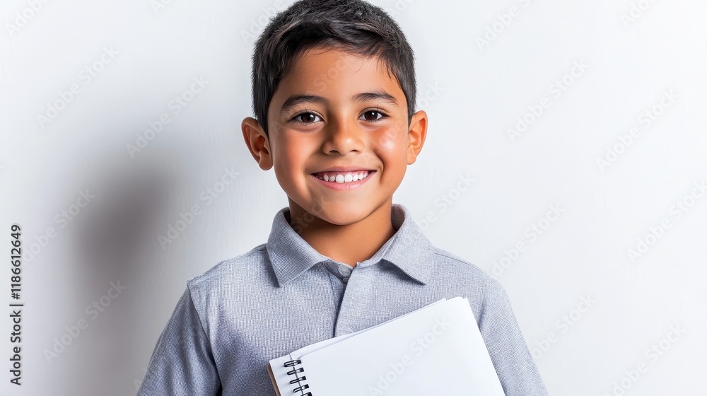 Happy Boy Holding Notebook Smiling Brightly Happy Boy Holding Notebook Smiling Brightly