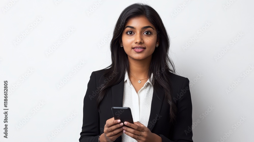 Young businesswoman holding smartphone looking directly at camera Young businesswoman holding smartphone looking directly at camera