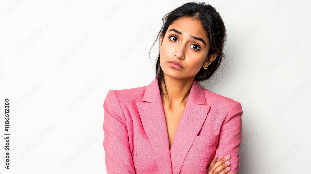 Young Woman Wearing Pink Blazer Shows Disappointment Young Woman Wearing Pink Blazer Shows Disappointment