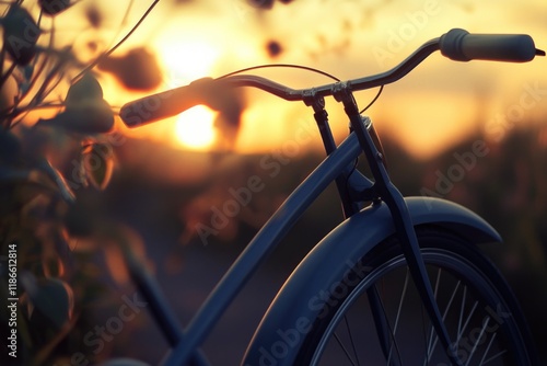 A close-up shot of a bicycle against a vibrant orange and pink sunset photo