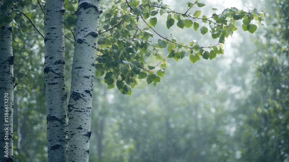 Fototapeta premium Silvery poplar trees with lush green leaves in a misty forest setting creating a serene natural background for desktop wallpapers