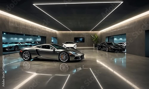 Luxury Car Collection in a Modern Underground Garage with Sleek Design and Reflective Floor