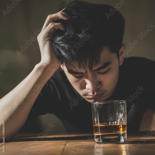 A person sitting at a table with a glass of alcohol, possibly having a moment to himself photo