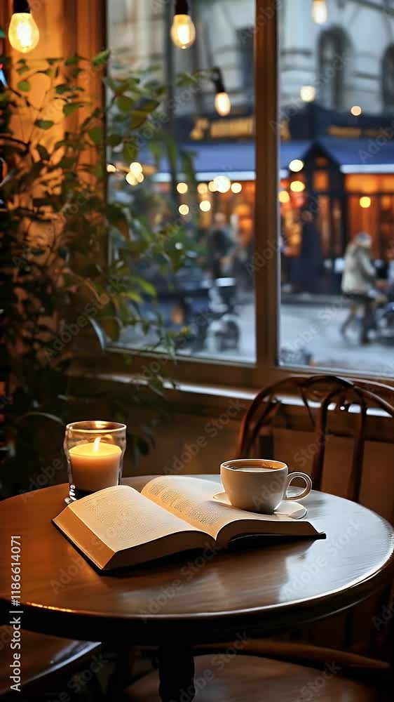Parisian cafe, book, coffee, candlelight, street view, cozy atmosphere Parisian cafe, book, coffee, candlelight, street view, cozy atmosphere