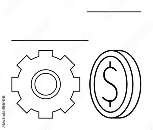 Gear next to dollar coin symbolizing financial processes, economic systems, and profitability concepts. Ideal for business, finance, economics, investment, strategy wealth entrepreneurship. Minimal