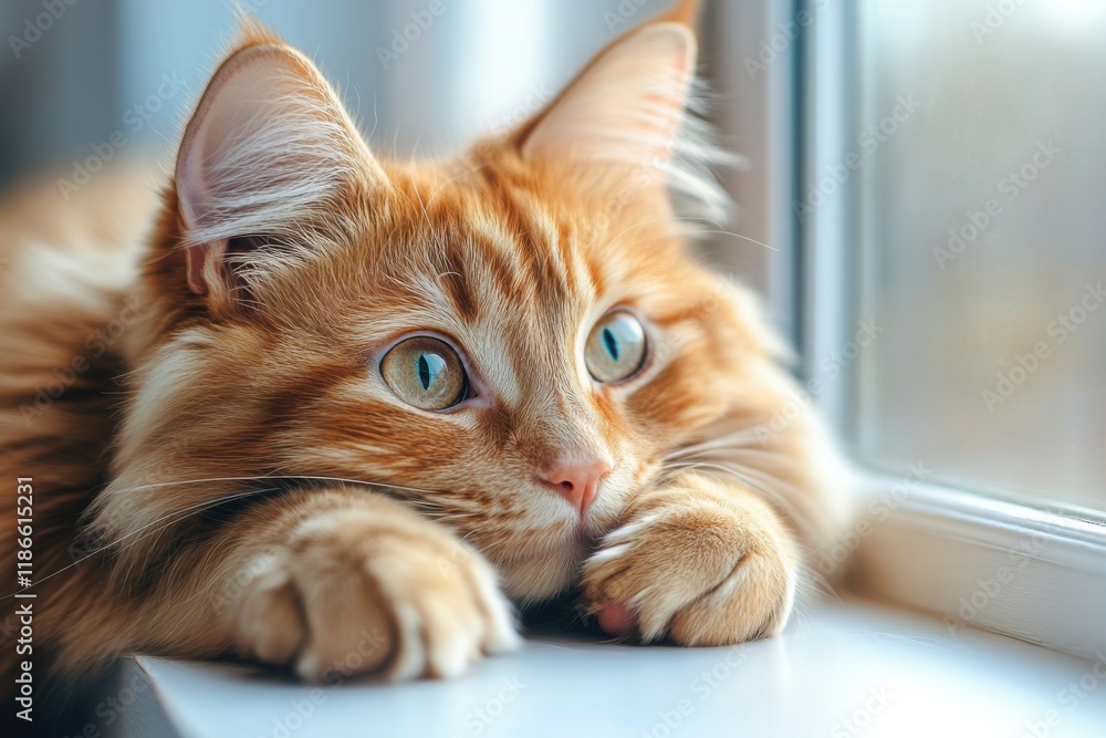 Close-up of a ginger cat gazing out a window, with sunlight casting soft patterns on its fur, shallow depth of field. Close-up of a ginger cat gazing out a window, with sunlight casting soft patterns on its fur, shallow depth of field.