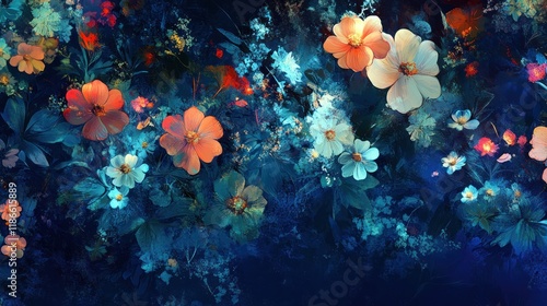 Vibrant floral arrangement with peach, white, and blue flowers against a dark blue background.