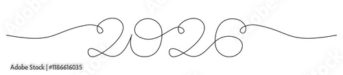 2026 one continuous line clip art for New year. Hand drawn, handwritten element with editable stroke for minimalist card, banner, poster design. Vector illustration isolated on transparent background 