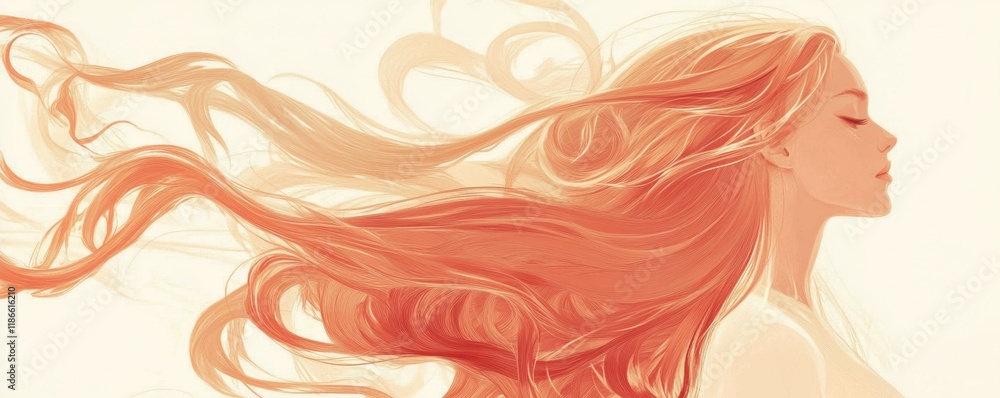 Woman with flowing hair against a light background, showcasing natural beauty and movement, ideal for fashion and beauty concepts with focus on hair