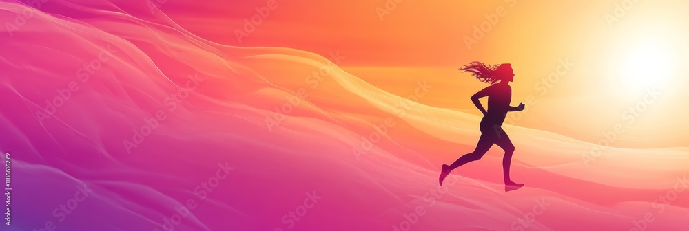 Silhouette of a female athlete running towards the rising sun in a colorful and vibrant abstract landscape, symbolizing motivation, achievement, and a healthy lifestyle Silhouette of a female athlete running towards the rising sun in a colorful and vibrant abstract landscape, symbolizing motivation, achievement, and a healthy lifestyle