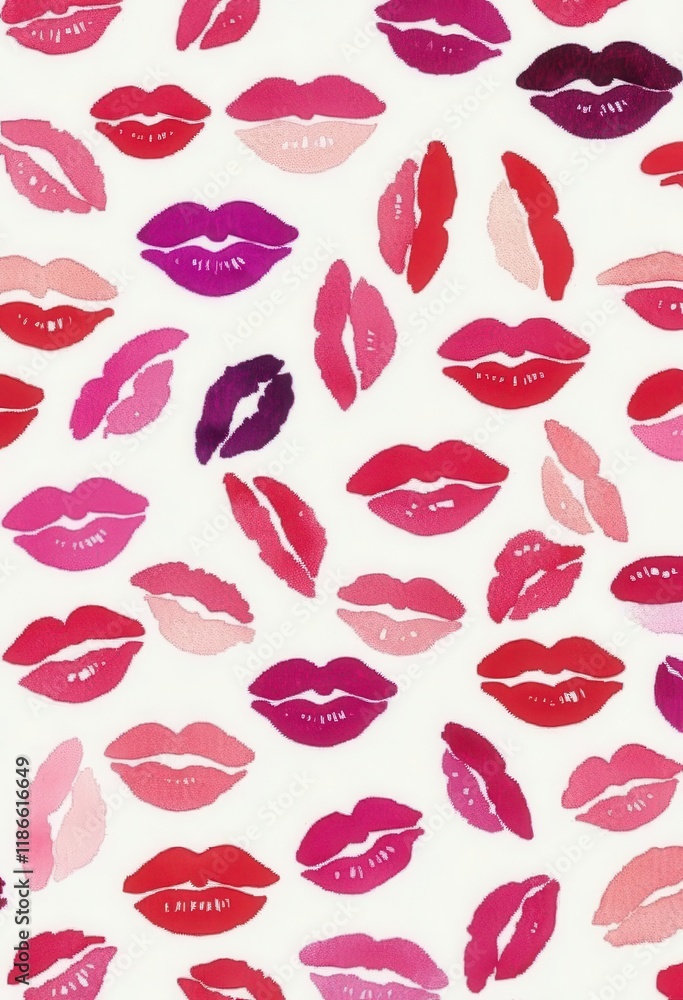Fototapeta premium Numerous lipstick kisses adorn a white background