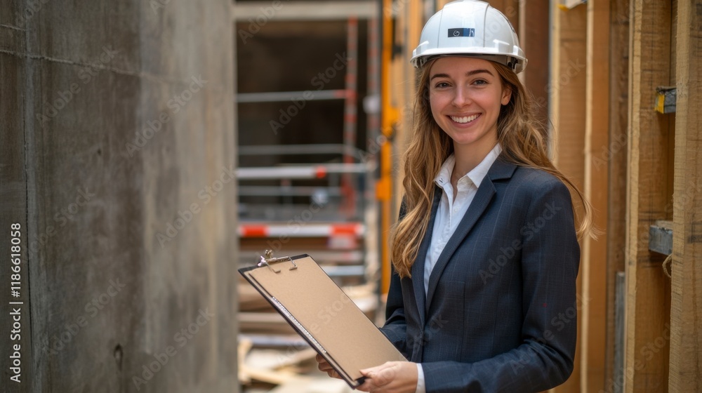 Confident Female Architect on Construction Site: A smiling female architect, wearing a white hard hat and business suit, confidently holds a clipboard at a modern construction site. Confident Female Architect on Construction Site: A smiling female architect, wearing a white hard hat and business suit, confidently holds a clipboard at a modern construction site.