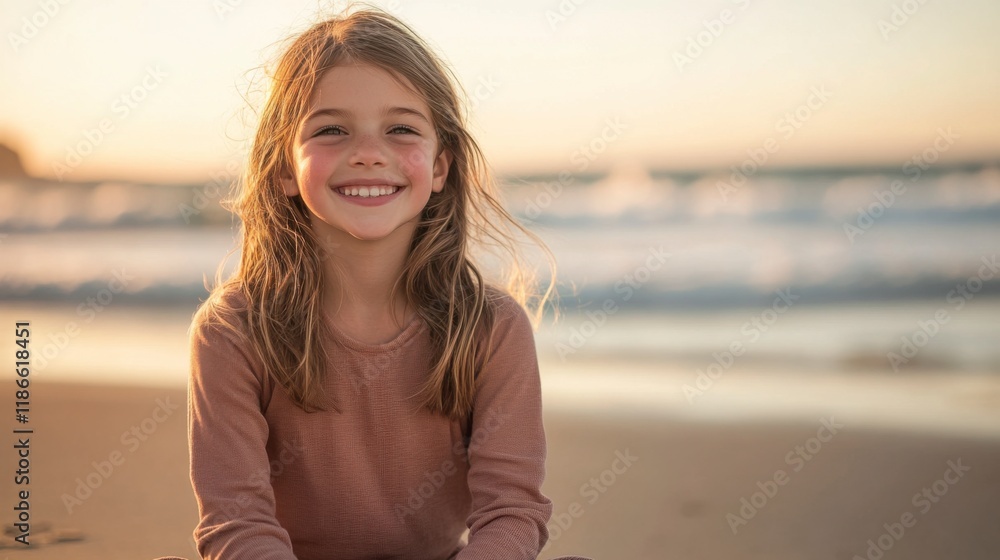 Golden Hour Smile: A young girl with sun-kissed skin and a radiant smile basks in the warm glow of a golden sunset on a sandy beach, capturing the essence of childhood innocence and joy. Golden Hour Smile: A young girl with sun-kissed skin and a radiant smile basks in the warm glow of a golden sunset on a sandy beach, capturing the essence of childhood innocence and joy.