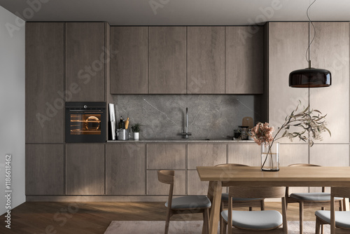 Modern kitchen with wooden cabinetry, stone backsplash, built-in oven, and pendant lighting, featuring a dining area with a wooden table. 3D rendering.