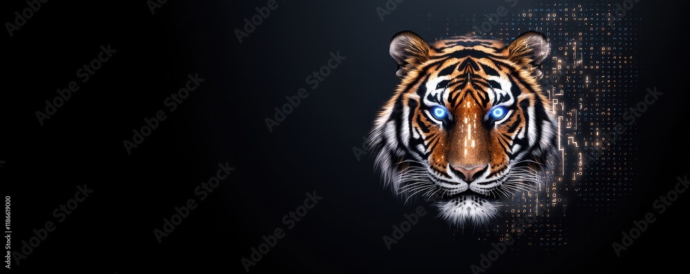 A digital artwork featuring a tiger's head, showcasing striking blue eyes and vivid orange fur against a dark background with a fragmented design. A digital artwork featuring a tiger's head, showcasing striking blue eyes and vivid orange fur against a dark background with a fragmented design.