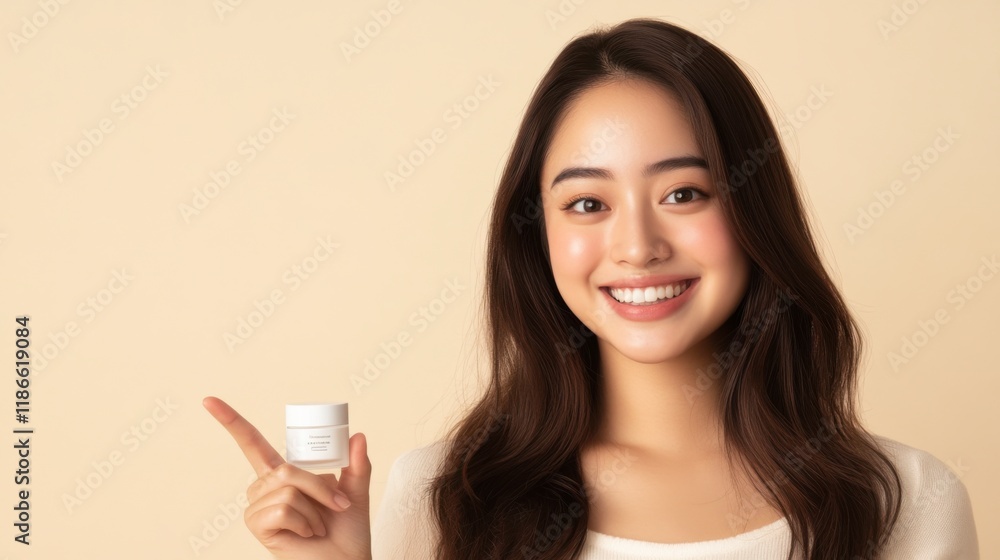Radiant Beauty, Cream in Hand: A young woman with radiant skin and a bright smile holds a jar of cream, pointing towards it with a confident and happy expression against a beige background. Radiant Beauty, Cream in Hand: A young woman with radiant skin and a bright smile holds a jar of cream, pointing towards it with a confident and happy expression against a beige background.