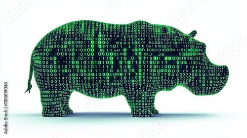 A digital silhouette of a hippopotamus filled with green binary code, symbolizing the intersection of wildlife and technology. photo