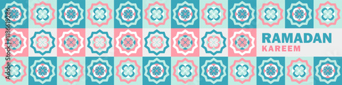 Ramadan Mubarak header with floral arabesque in teal, pink, white arranged in a tiled pattern. Modern trendy pastel colored geometric panoramic banner with bold text. Symmetrical Islamic-inspired art