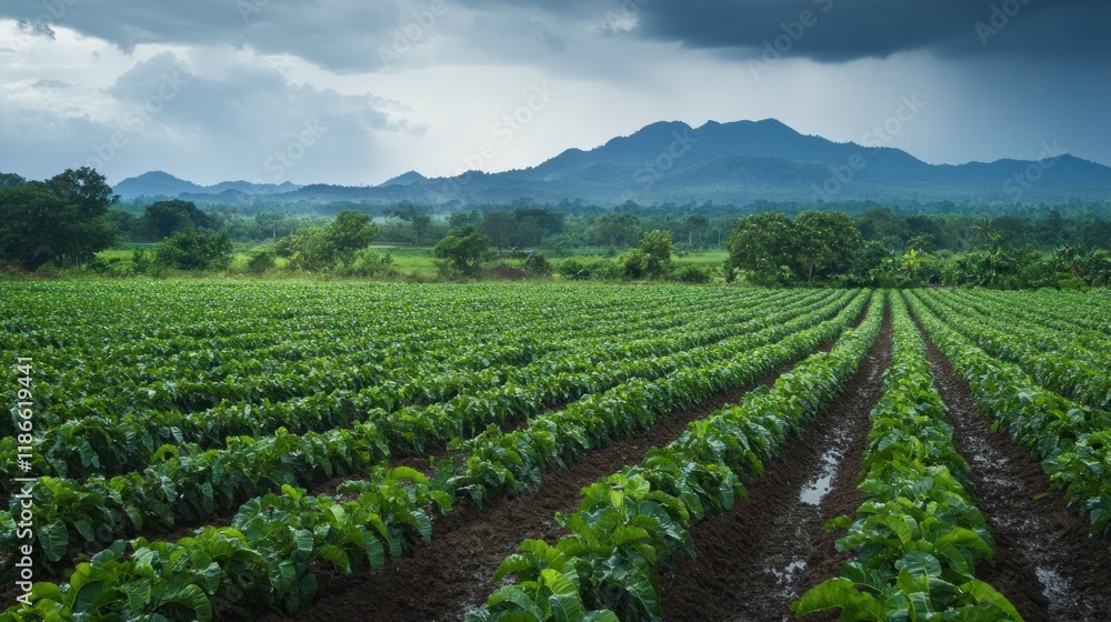 Expansive Green Field with a Mountainous Backdrop Expansive Green Field with a Mountainous Backdrop