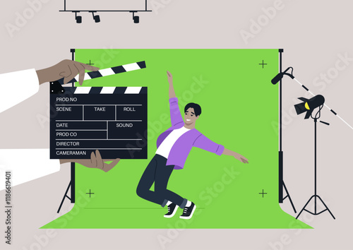 A lively character dramatically pretends to fall off a cliff while acting safely in a well-lit chroma key studio, The vibrant backdrop highlights the creativity of cinematic production in action