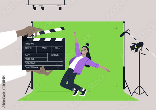 A lively character dramatically pretends to fall off a cliff while acting safely in a well-lit chroma key studio, The vibrant backdrop highlights the creativity of cinematic production in action