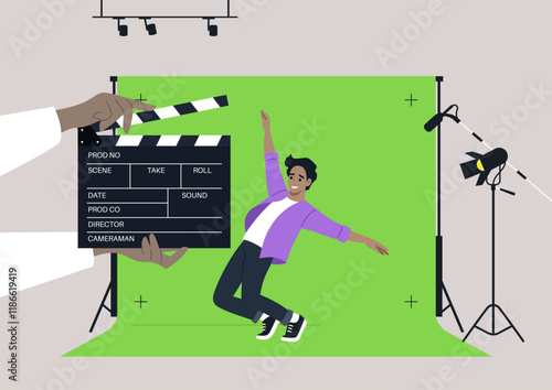 A lively character dramatically pretends to fall off a cliff while acting safely in a well-lit chroma key studio, The vibrant backdrop highlights the creativity of cinematic production in action