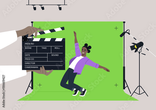 A lively character dramatically pretends to fall off a cliff while acting safely in a well-lit chroma key studio, The vibrant backdrop highlights the creativity of cinematic production in action