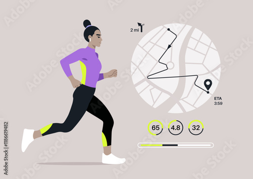 A female jogger strides confidently along a marked route, tracking her distance and performance metrics in a lively city, She embodies fitness and determination