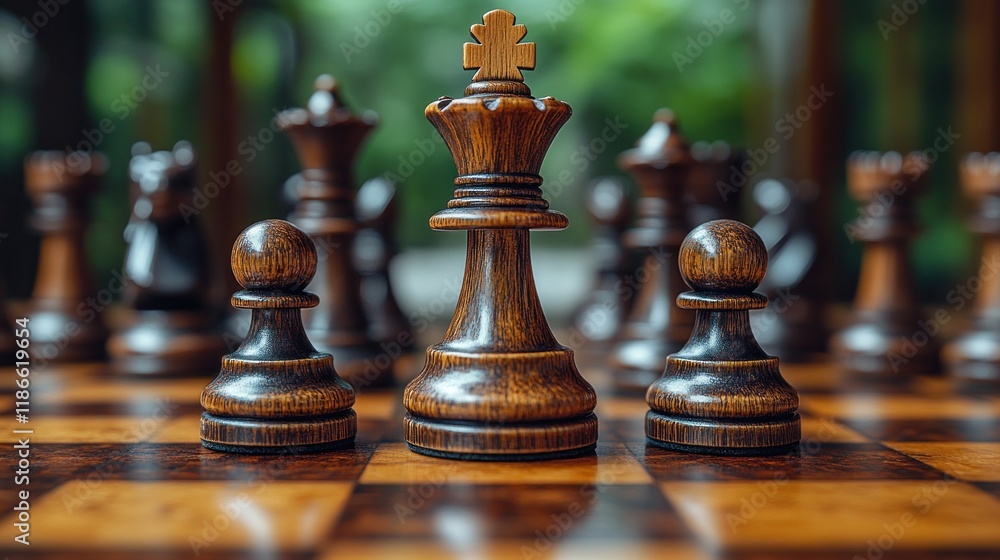 A close-up of a wooden chess set, featuring a king and pawns on a checkered board. A close-up of a wooden chess set, featuring a king and pawns on a checkered board.