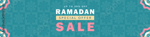 Ramadan sale panoramic banner with bold discount promo text in gold, pink, white on a teal background with floral Arabic arabesque patterns and colorful Islamic geometric frames. Eid Mubarak header